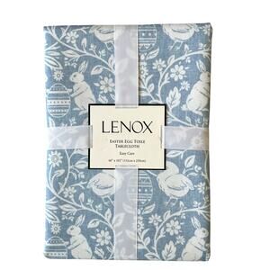 Lenox Blue Easter Egg Toile Bunny Rabbit Baby Chick Cloth Tablecloth 60” X 102”